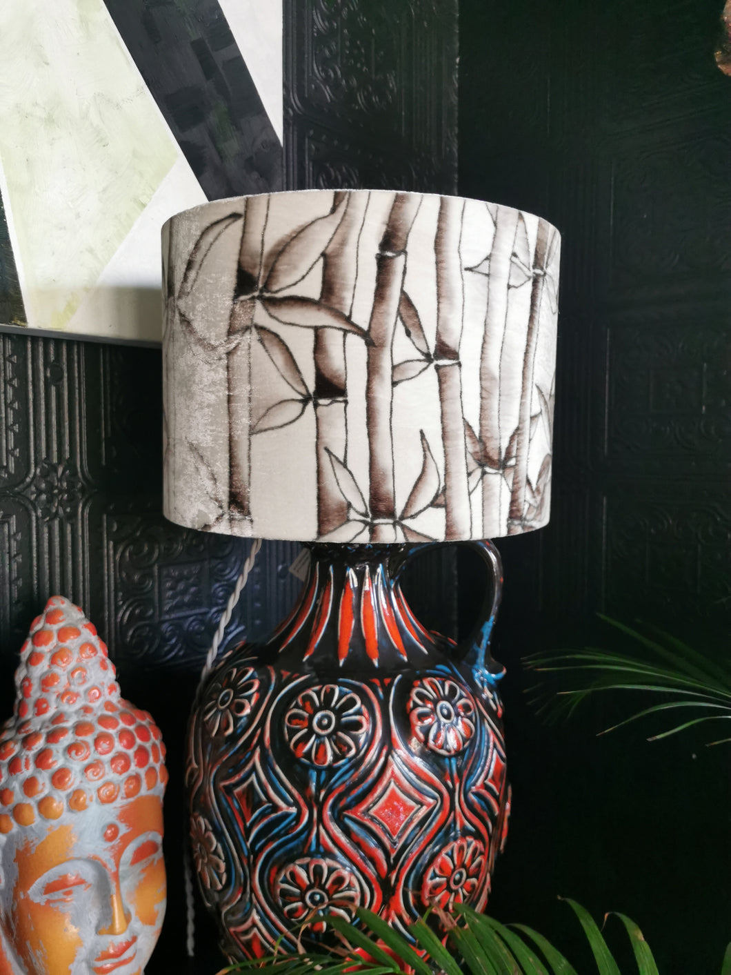 30cm handpainted velvet lampshade, BAMBOO in black and white