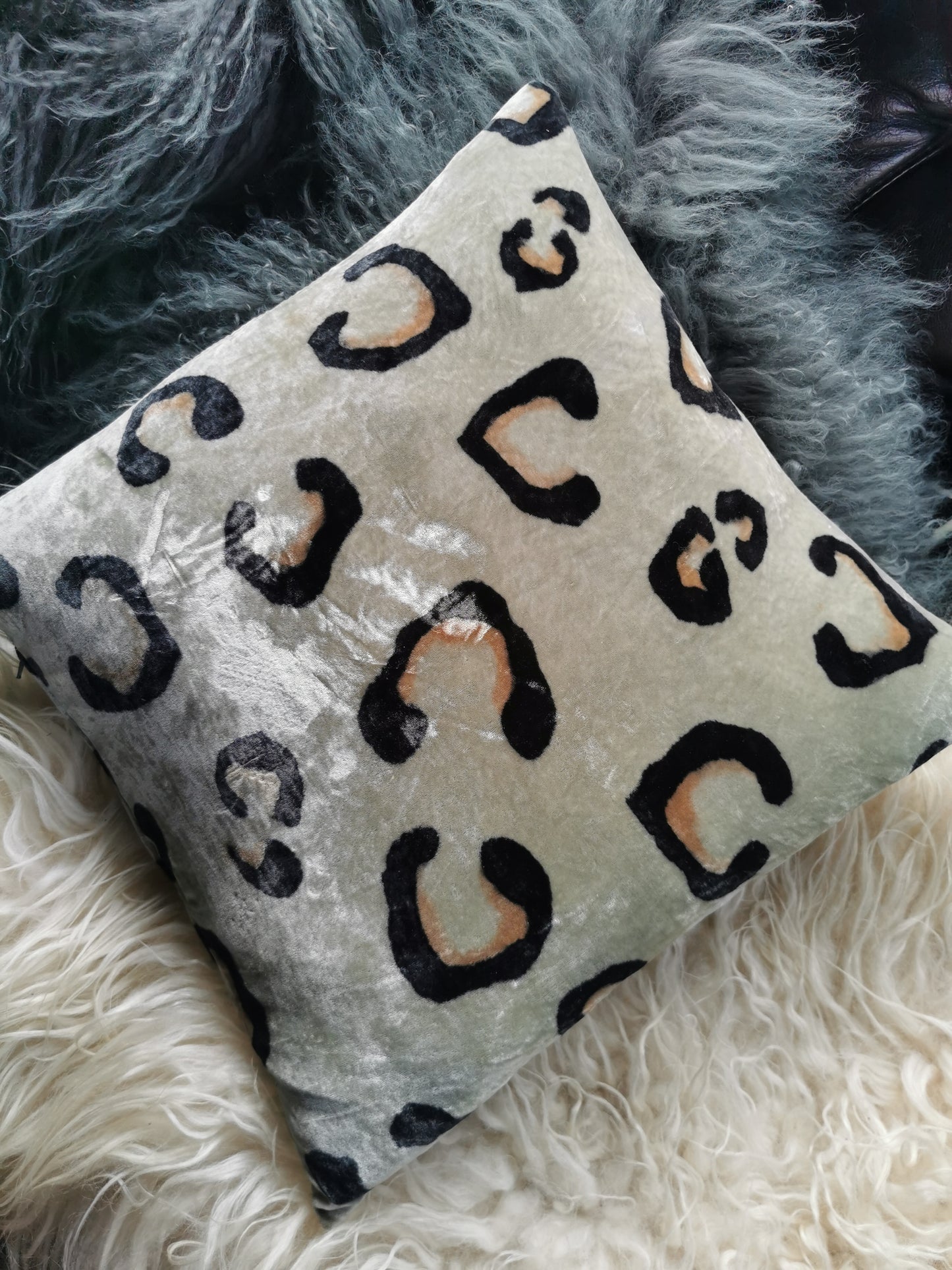 Hand painted velvet cushions, LEOPARD black on sludgy grey.