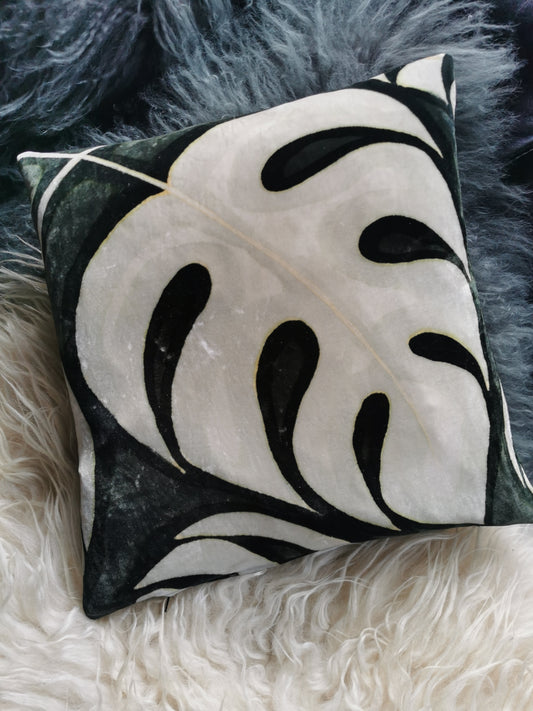 Hand-painted velvet cushion LEAF, pale mint green on dark green.