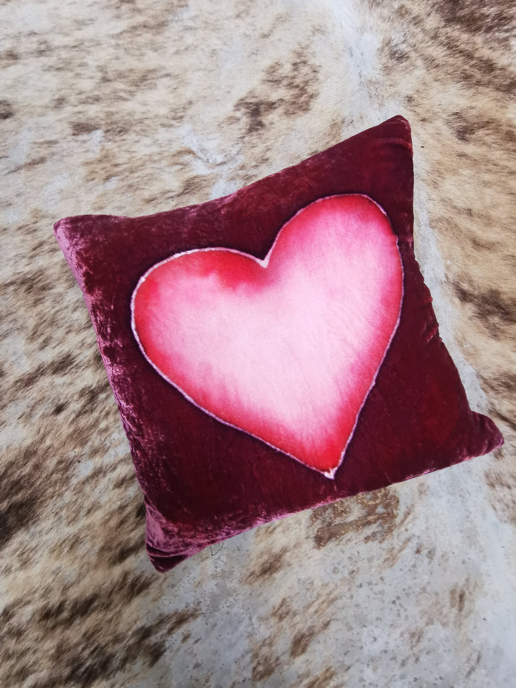 Hand-painted velvet cushions, HEART red and pinks.