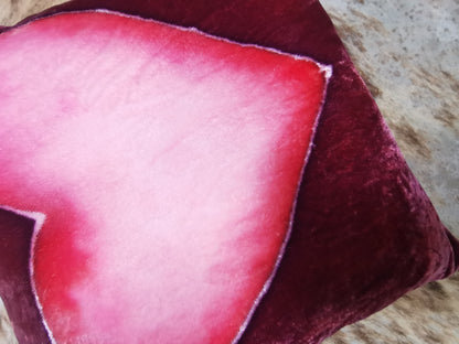 Hand-painted velvet cushions, HEART red and pinks.