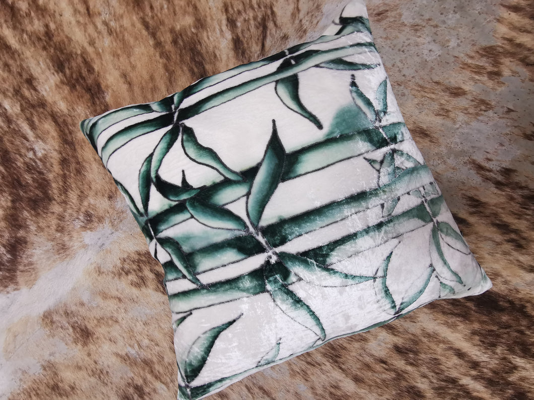 Hand-painted velvet cushions, BAMBOO greens.