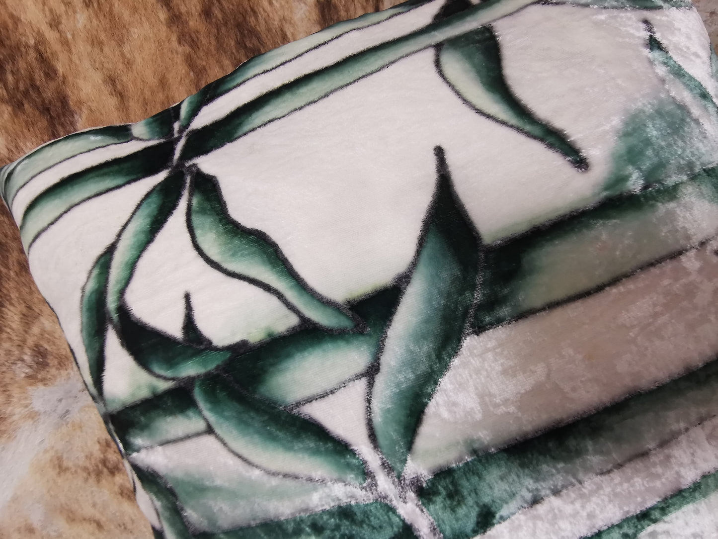 Hand-painted velvet cushions, BAMBOO greens.