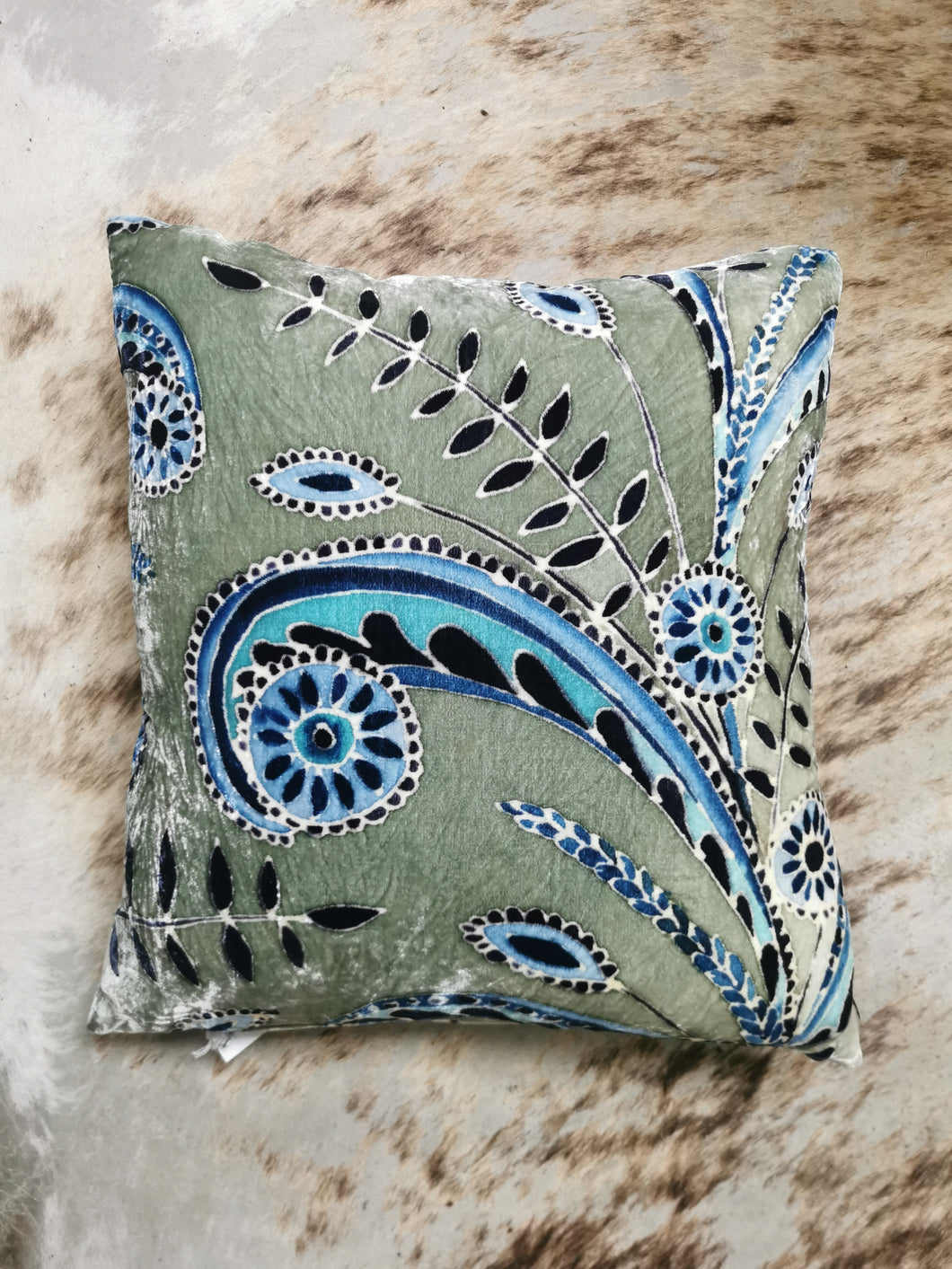 Hand-painted velvet cushion, PAISLEY blues on sludgy grey.