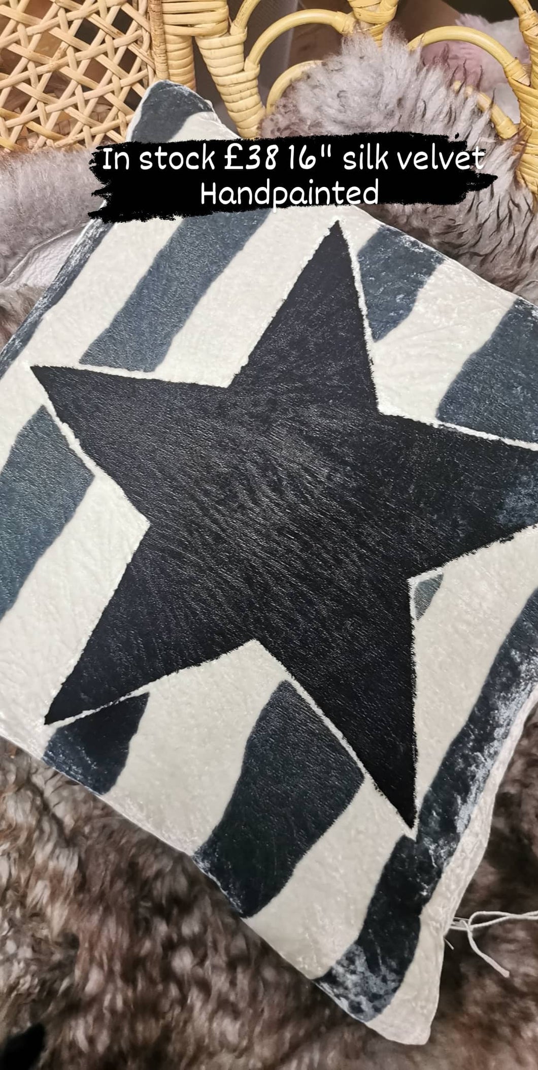 Hand-painted velvet cushions, STAR/ STRIP charcoal grey star.