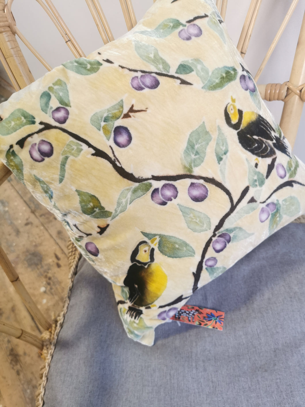 Hand-painted velvet cushions, SLOE BIRD on Lemon background.