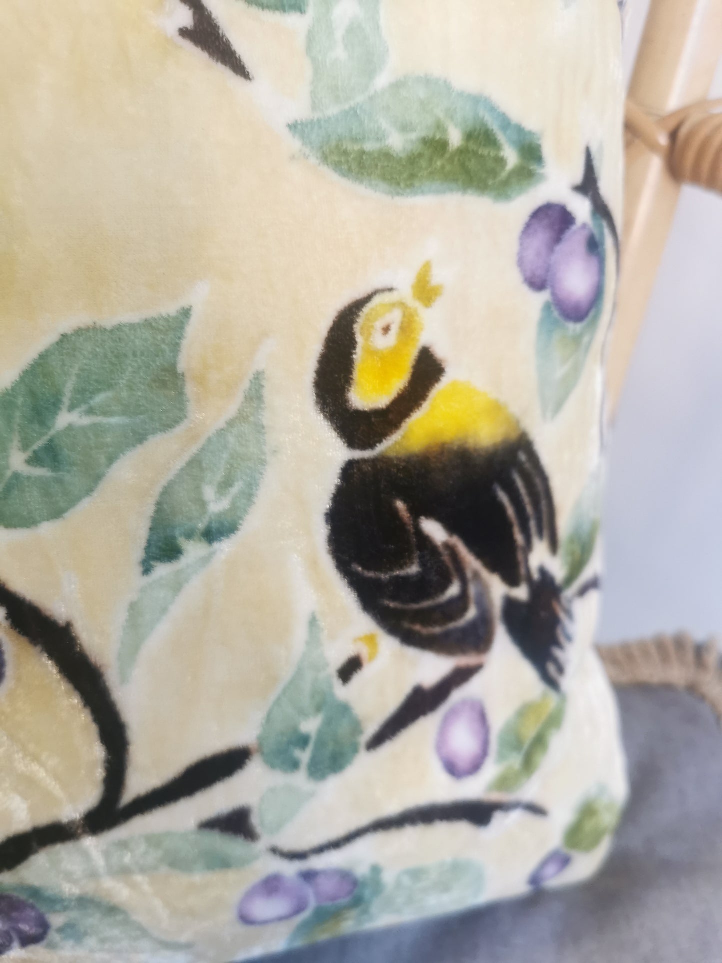 Hand-painted velvet cushions, SLOE BIRD on Lemon background.