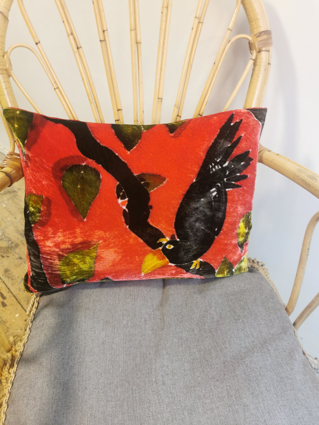 Hand-painted velvet cushions, TOCAN  blacks on red background.