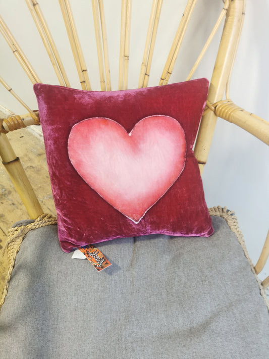 Hand-painted velvet cushions, HEART pink on red/pink background.