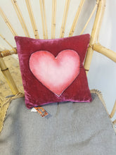 Load image into Gallery viewer, Hand-painted velvet cushions, HEART pink on red/pink background.
