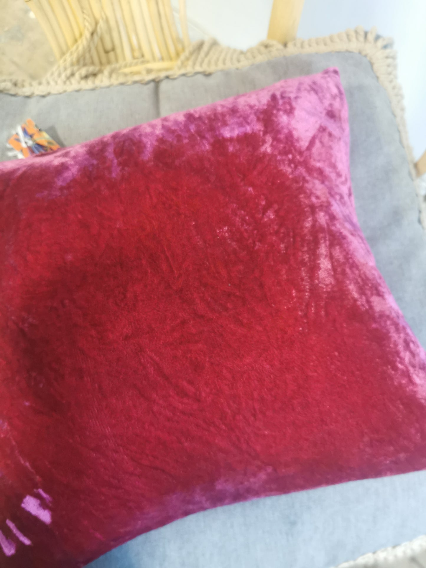 Hand-painted velvet cushions, HEART pink on red/pink background.