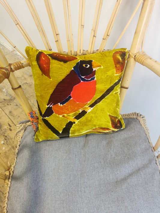 12 " Hand-painted velvet cushions, BIRD PERCH multi coloured on mustard background.