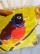 Load image into Gallery viewer, 12 &quot; Hand-painted velvet cushions, BIRD PERCH multi coloured on mustard background.
