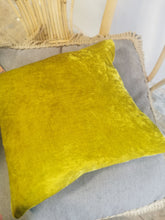 Load image into Gallery viewer, Hand-painted velvet cushions, PEACOCK multi coloured on mustard background.
