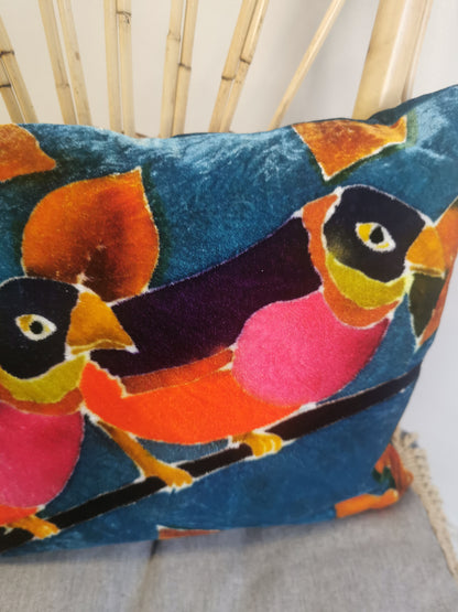 Hand-painted velvet cushions, TWO BIRDS multi coloured on petrol background.