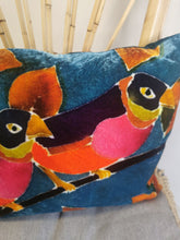 Load image into Gallery viewer, Hand-painted velvet cushions, TWO BIRDS multi coloured on petrol background.
