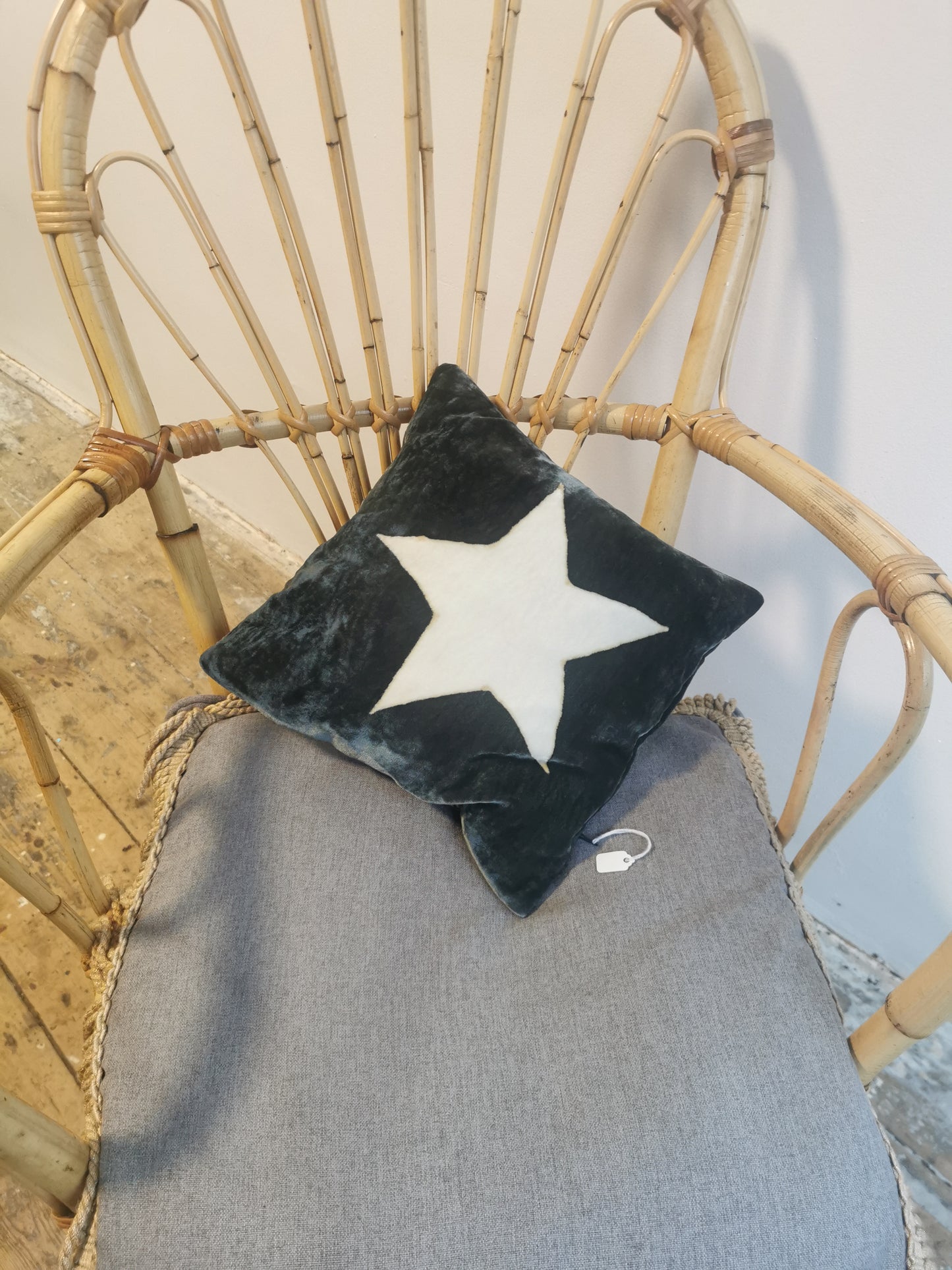 Hand-painted velvet cushions, STAR dark green grey star. 12"