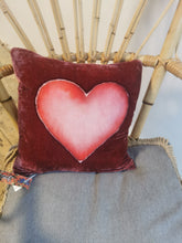 Load image into Gallery viewer, Hand-painted velvet cushions, HEART reds/pink on burgundy background.

