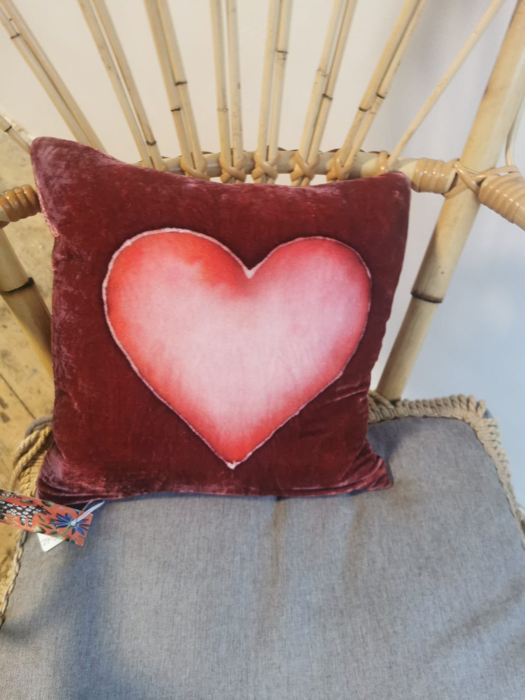 Hand-painted velvet cushions, HEART reds/pink on burgundy background.