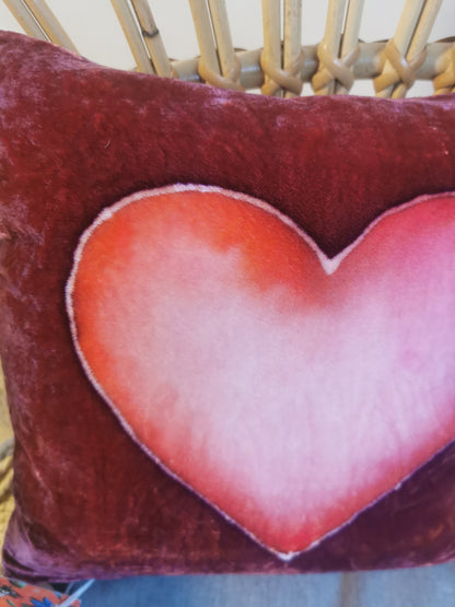 Hand-painted velvet cushions, HEART reds/pink on burgundy background.