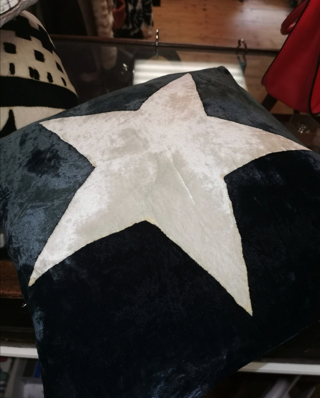 Hand-painted velvet cushions, STAR off white on inky black background.