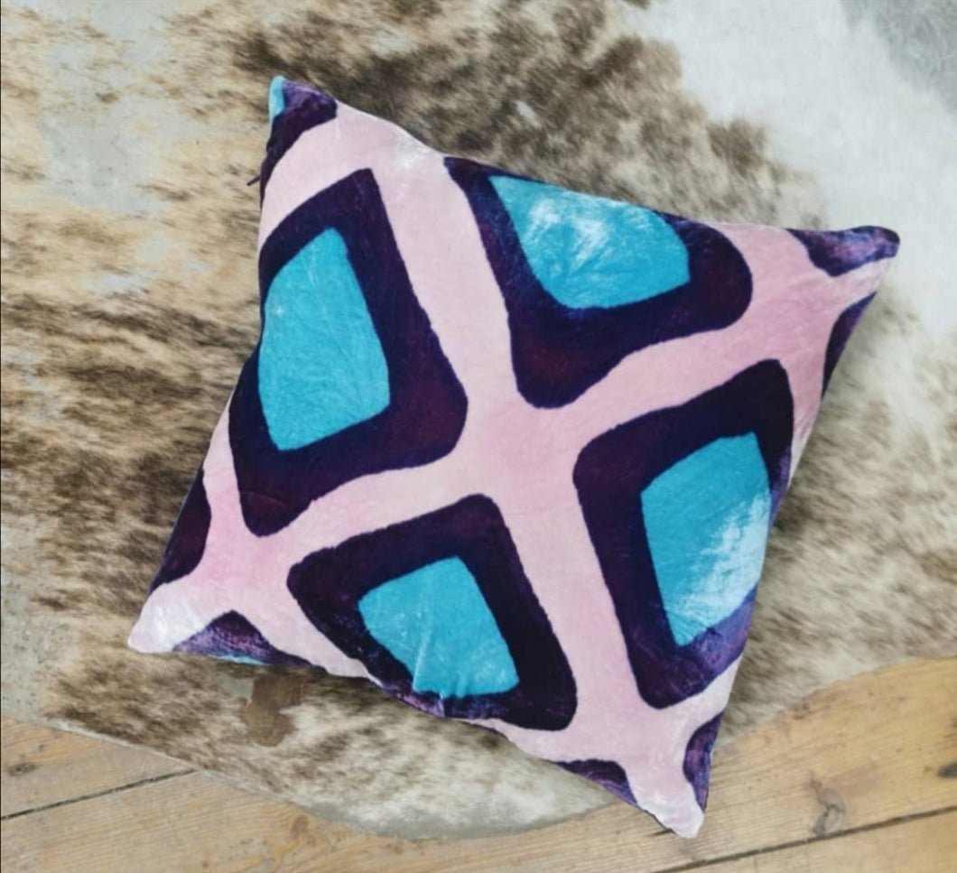 Hand-painted velvet cushions, DIAMONDS blues and pinks.