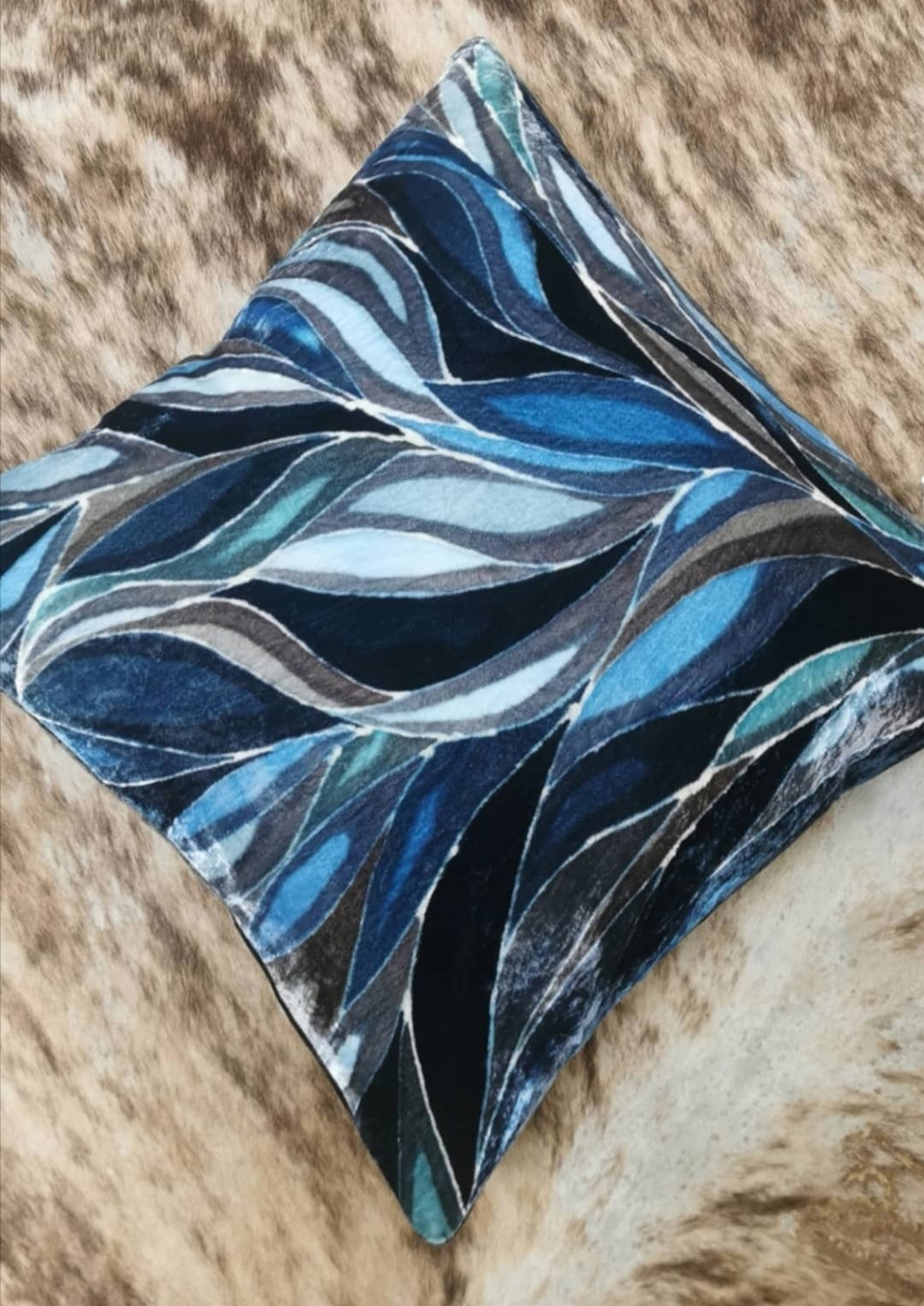 Handpainted velvet cushions, WATER blues and greys.