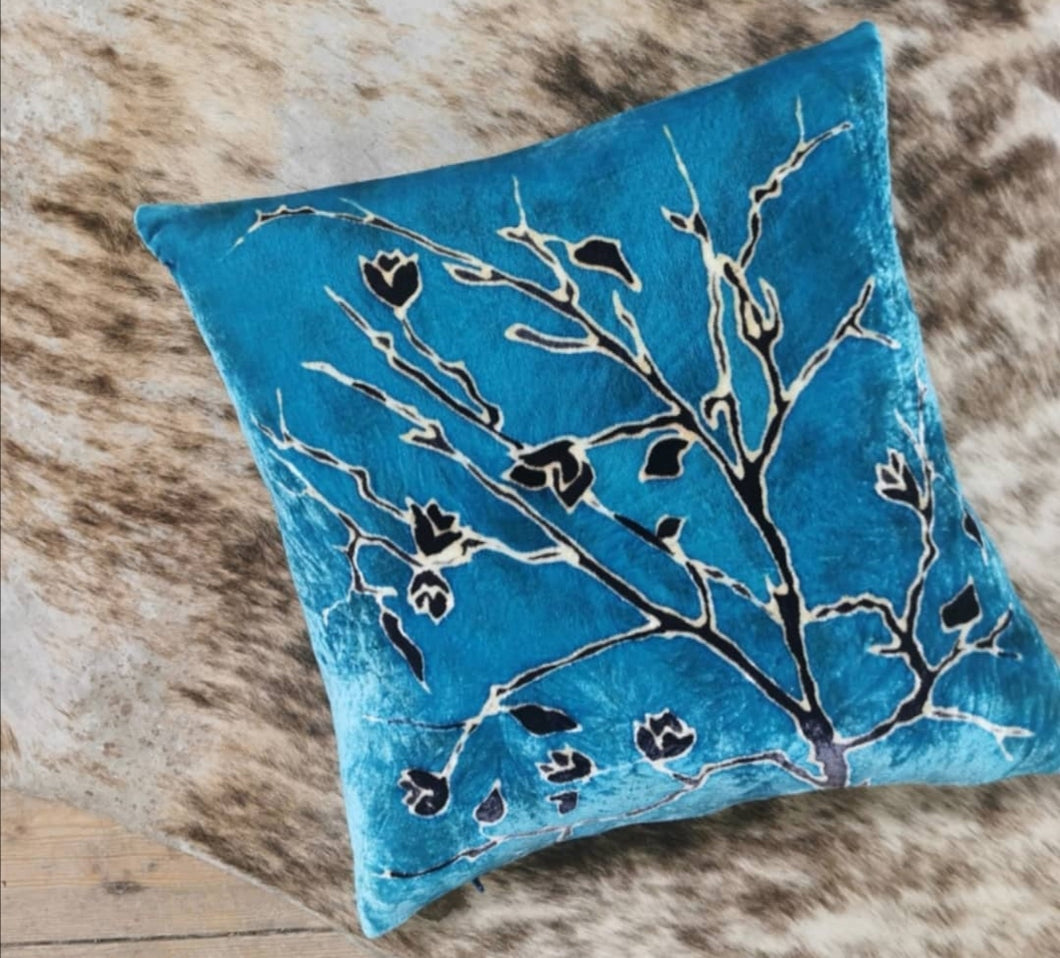 Hand-painted velvet cushions, TWIG  turquoise and black.