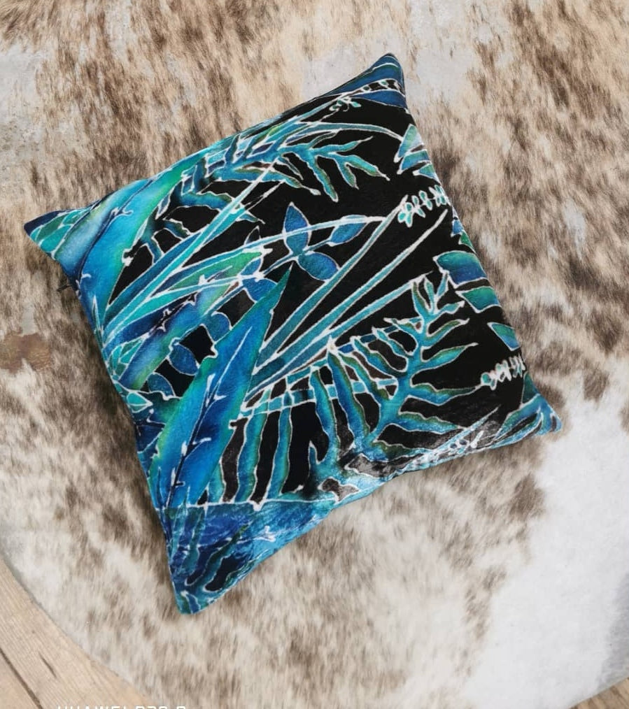 Hand-painted velvet cushions, FERN blues and black.